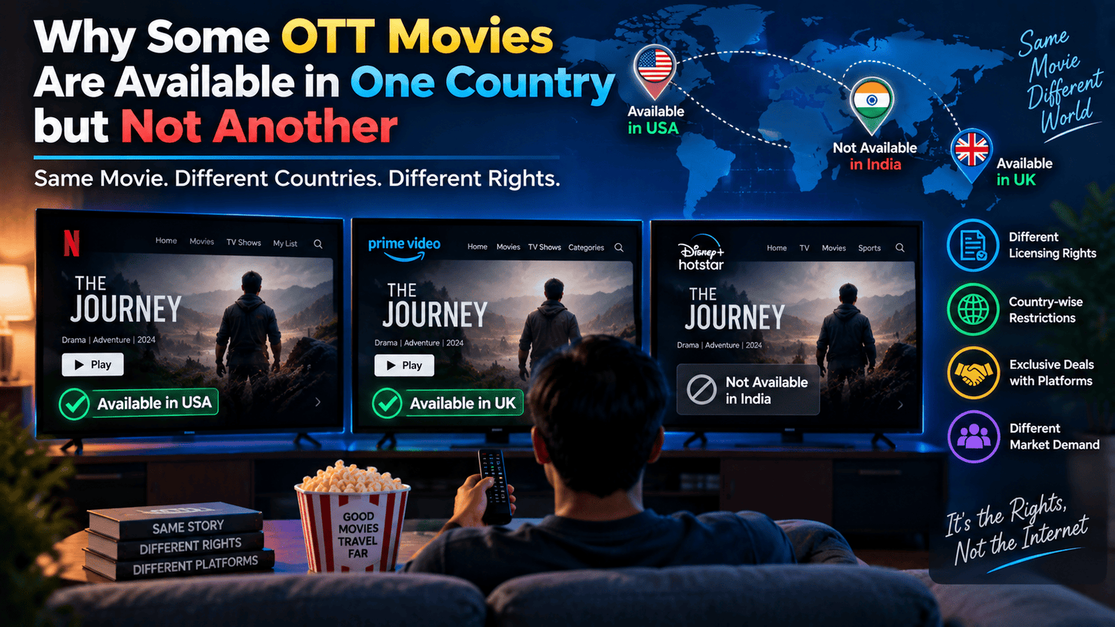 Why OTT movies are available in one country but not another due to regional streaming rights
